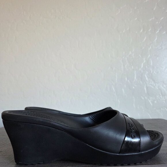 Crocs Kadee Slip-On Heeled Wedge Sandals Black Size Women's 8 Open Toe Comfort - Picture 1 of 10